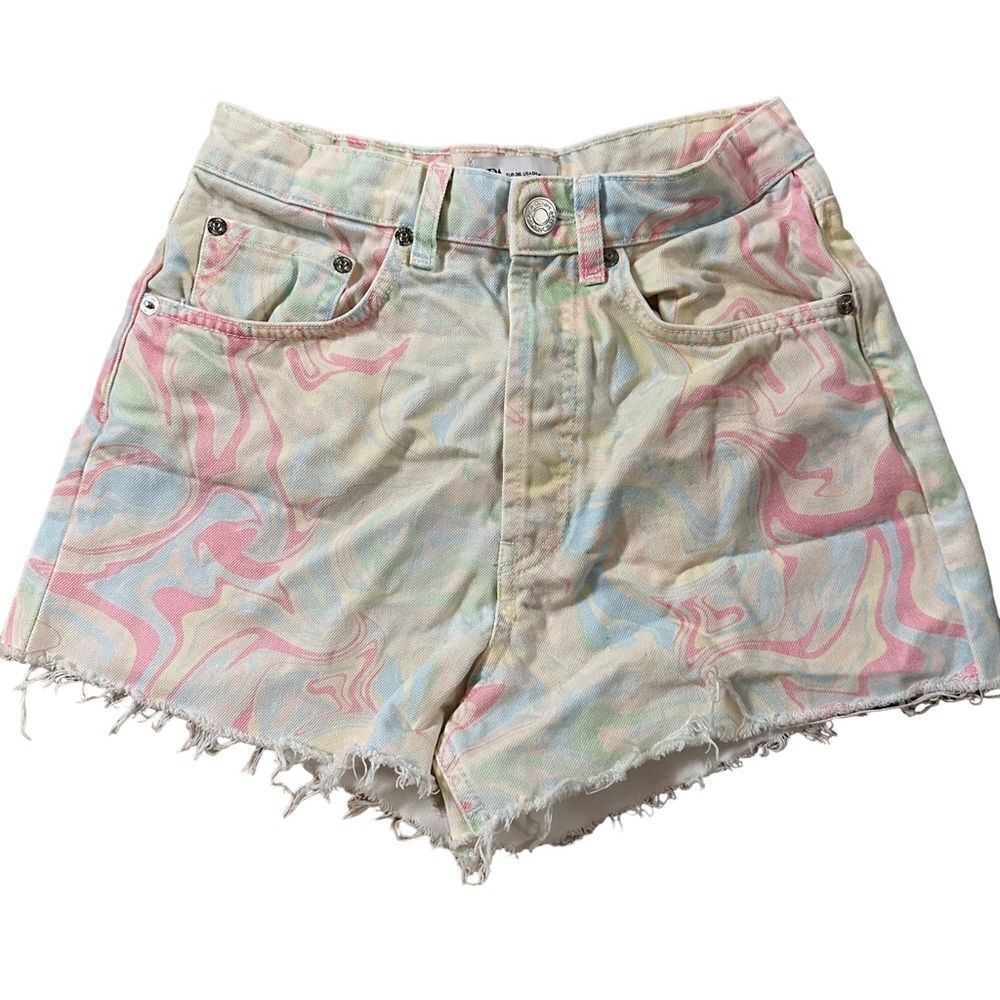 Zara ~ Womens High Rise Shorts ~ Marble Swirl Pastel 5 pocket Denim ~ size 4